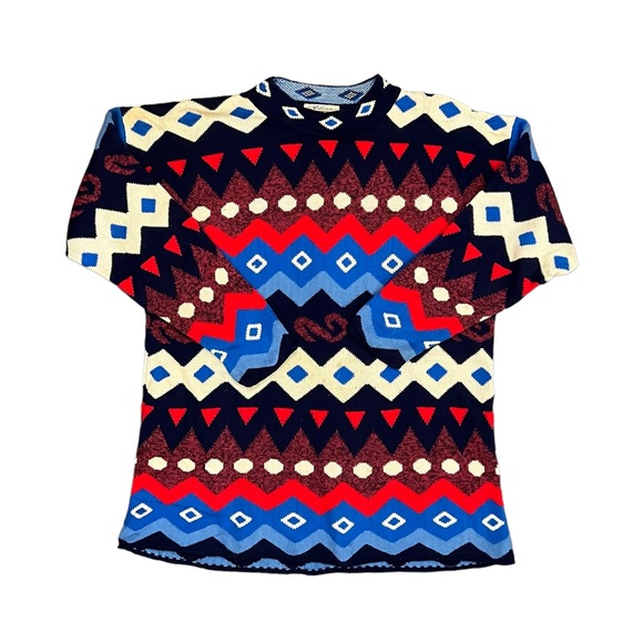 Vintage Adina Pullover Sweater USA Made 1980s Blue Red Geometric